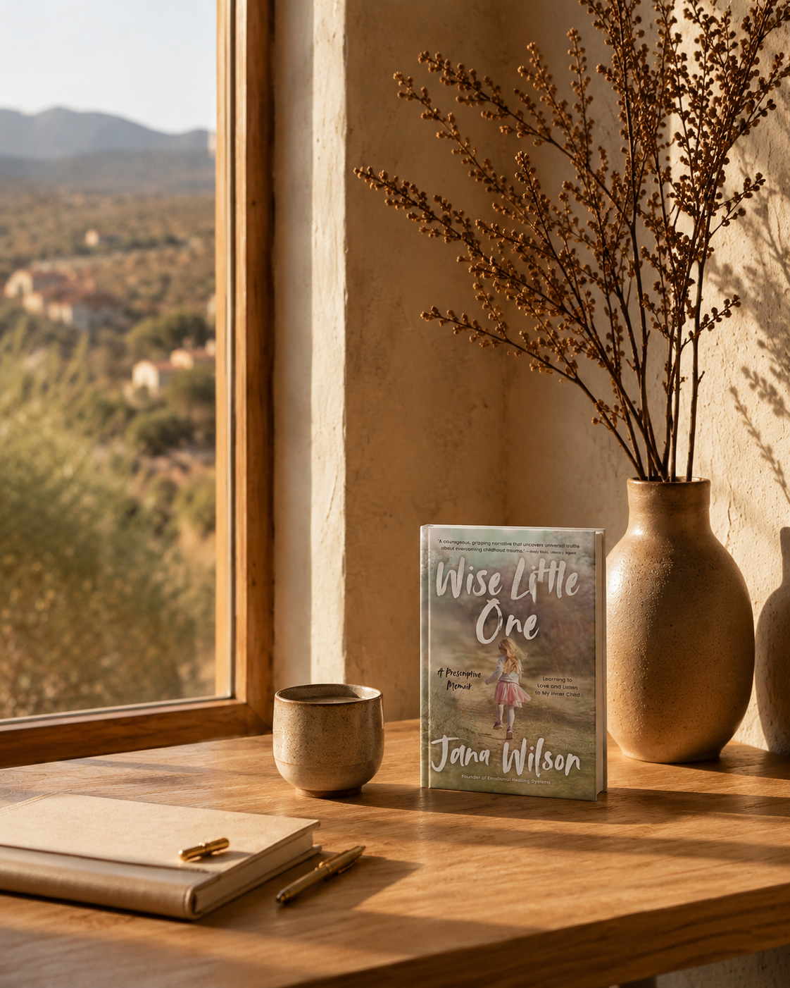 A wooden desk near a window with a view of a rural landscape and mountains, decorated with a large beige vase holding dried branches, a smaller matching cup, a notebook, and a book titled 'Wise Little One' by Jona Wilson.