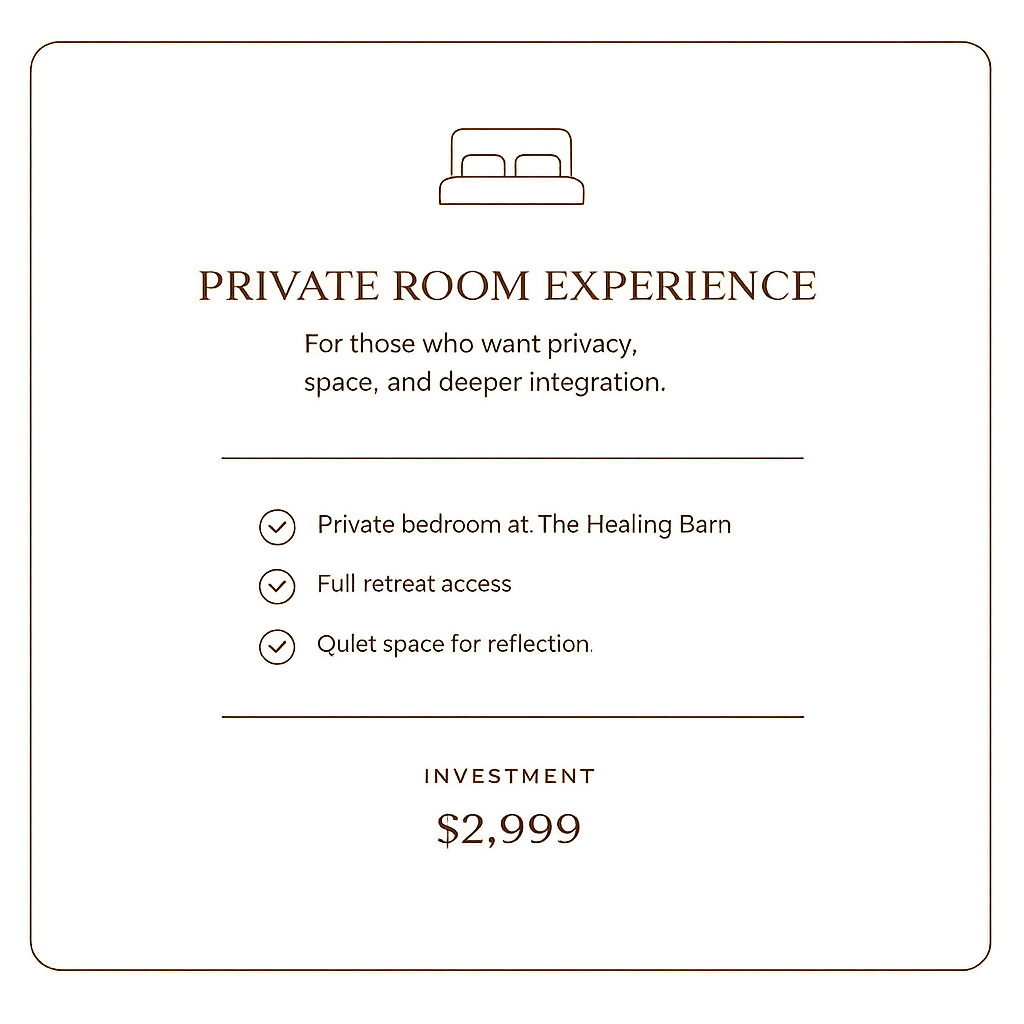 A promotional flyer for a private room experience featuring a black background, white outlined bed icon at the top, and brown and white text. It offers private bedroom access, full retreat access, and a quiet space for reflection, with an investment cost of $2,999.