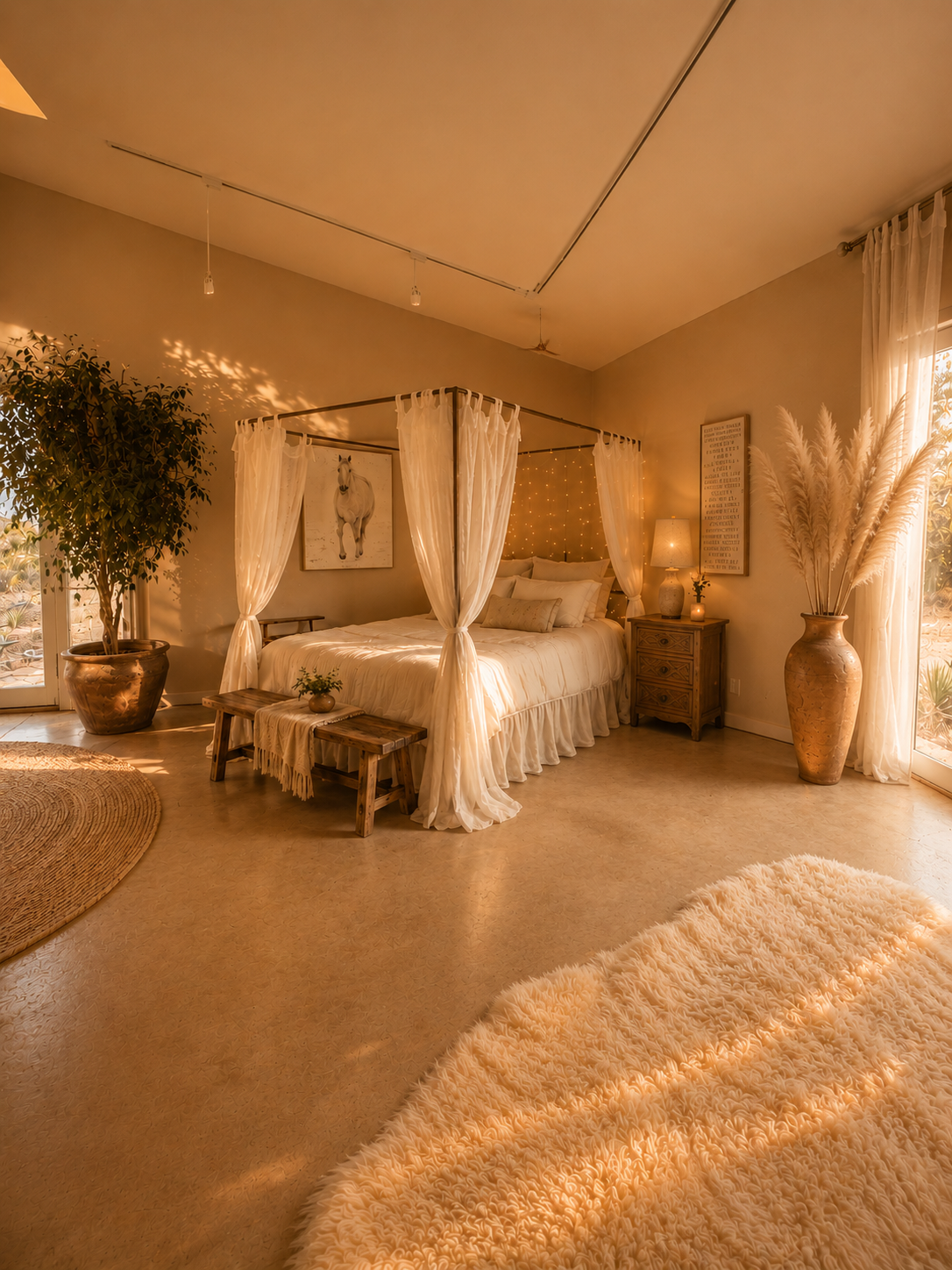 A decorative white tree with pinecones and ornaments, adorned with string lights, in a bedroom with a bed, curtains, and candles.