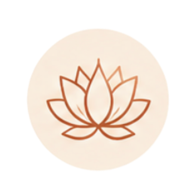 Outline of a lotus flower design in brown on a beige circular background.
