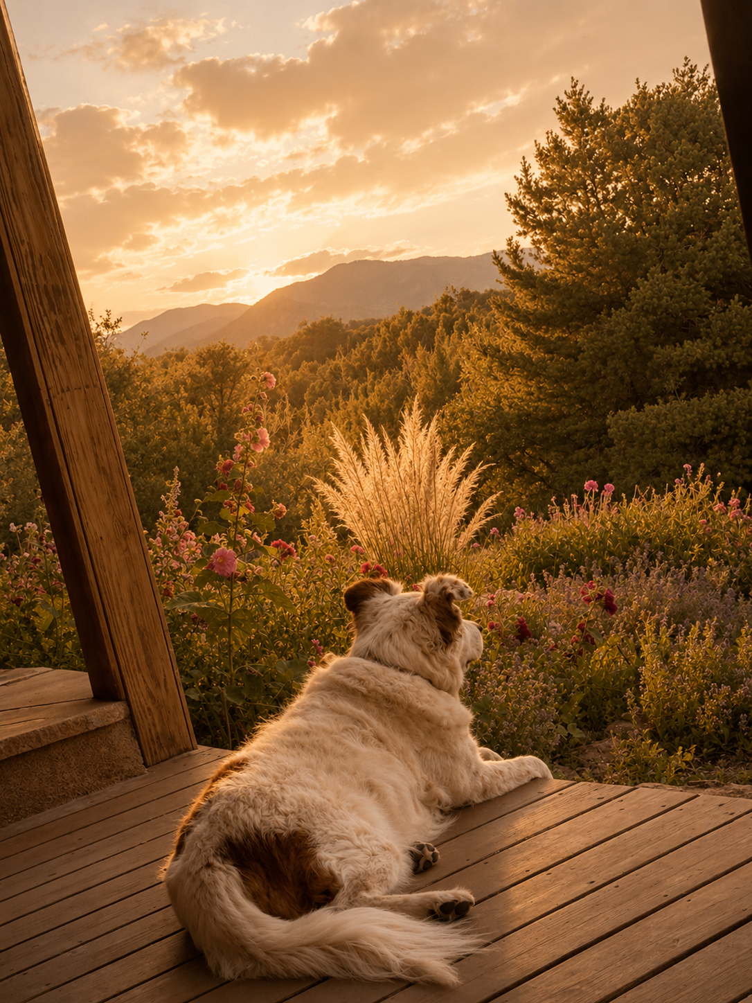 A dog lying on a wooden porch, looking out over a garden with pink and purple flowers, trees, and mountains during sunset.
