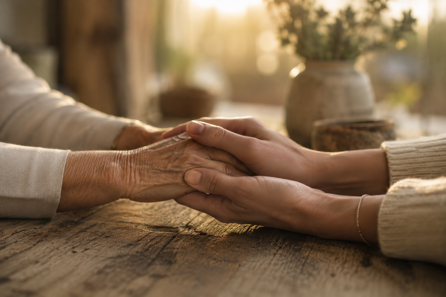 Two people holding hands on a wooden table, one elderly with wrinkled skin and the other younger with smooth skin, in a warmly lit room with a vase of flowers in the background.
