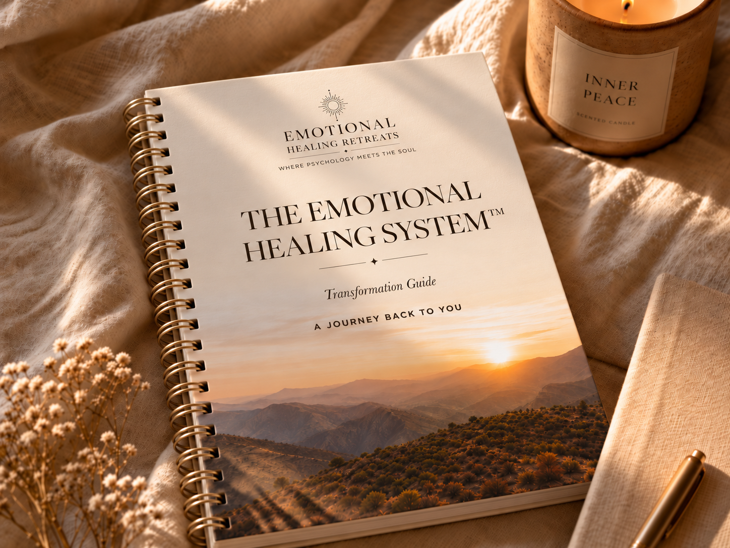 A book titled 'Emotional Healing Workbook' rests on a cream-colored fabric. Next to it, there is a candle labeled 'Inner Peace' with a lit flame, a pen on a closed notebook, and some dried flowers, creating a calming and cozy atmosphere.