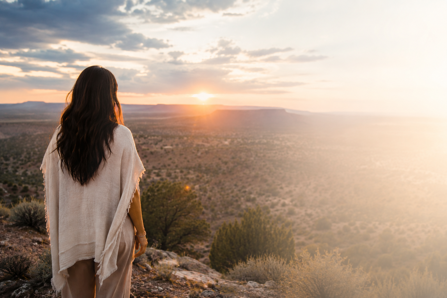 A woman with long dark hair wearing a light-colored shawl looking at a sunset over a desert landscape.