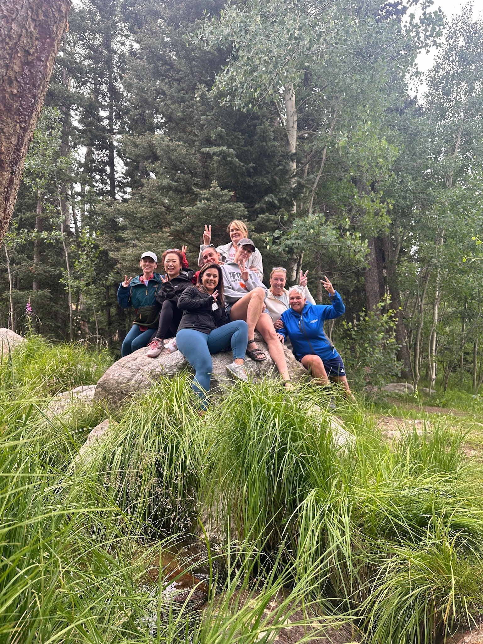 Group of people posing on a large rock in a forested area with tall trees and green foliage, with some making peace signs and smiling at the camera.