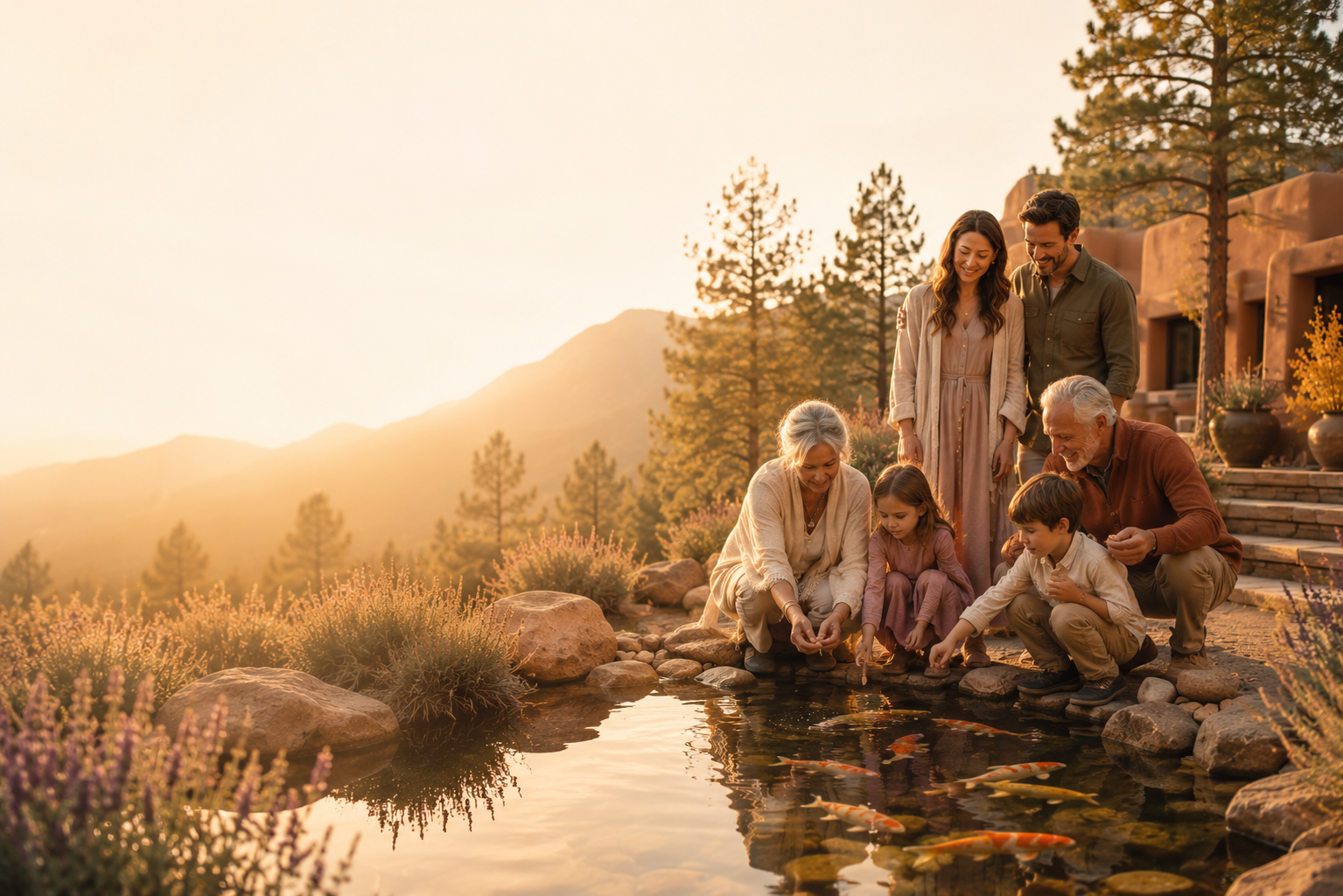 Family gathered around a pond feeding koi fish at sunset in a mountainous, wooded area with potted plants on a patio.