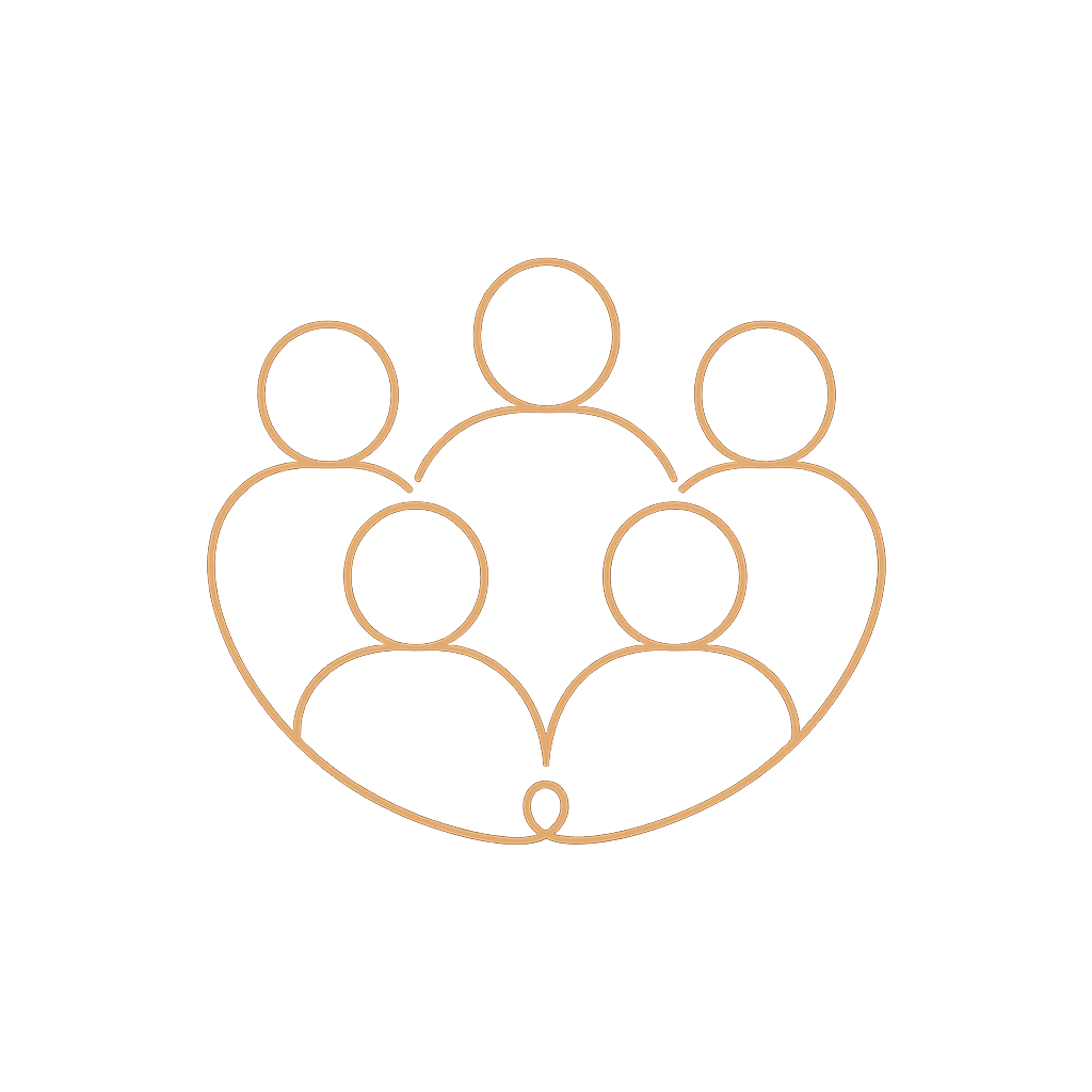Line drawing of six people connected in a circle to symbolize community or teamwork.