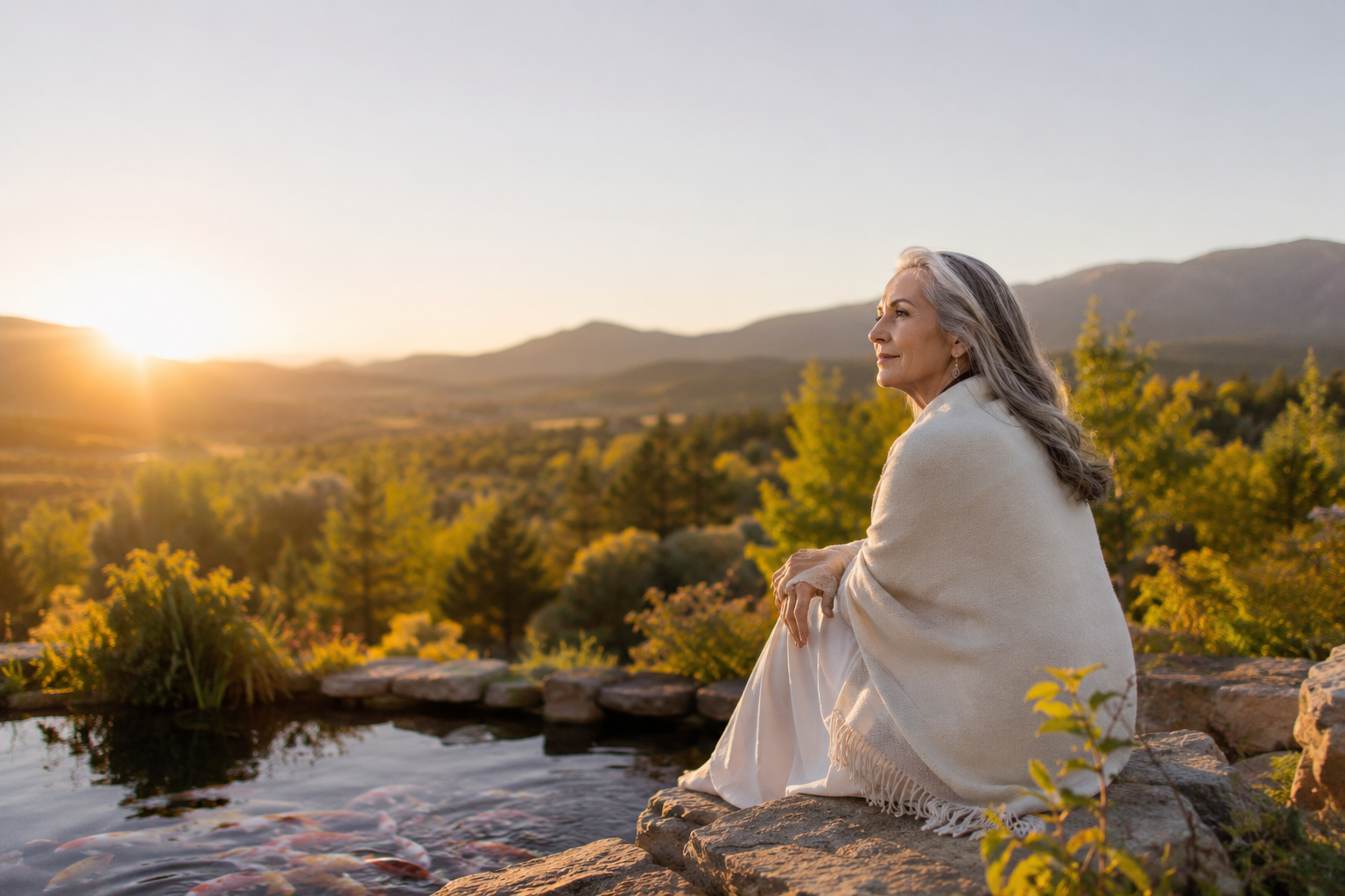 An elderly woman with silver hair sitting by a pond on rocks, wrapped in a white shawl, gazing at the sunset over distant mountains with trees and foliage around, peaceful and contemplative.