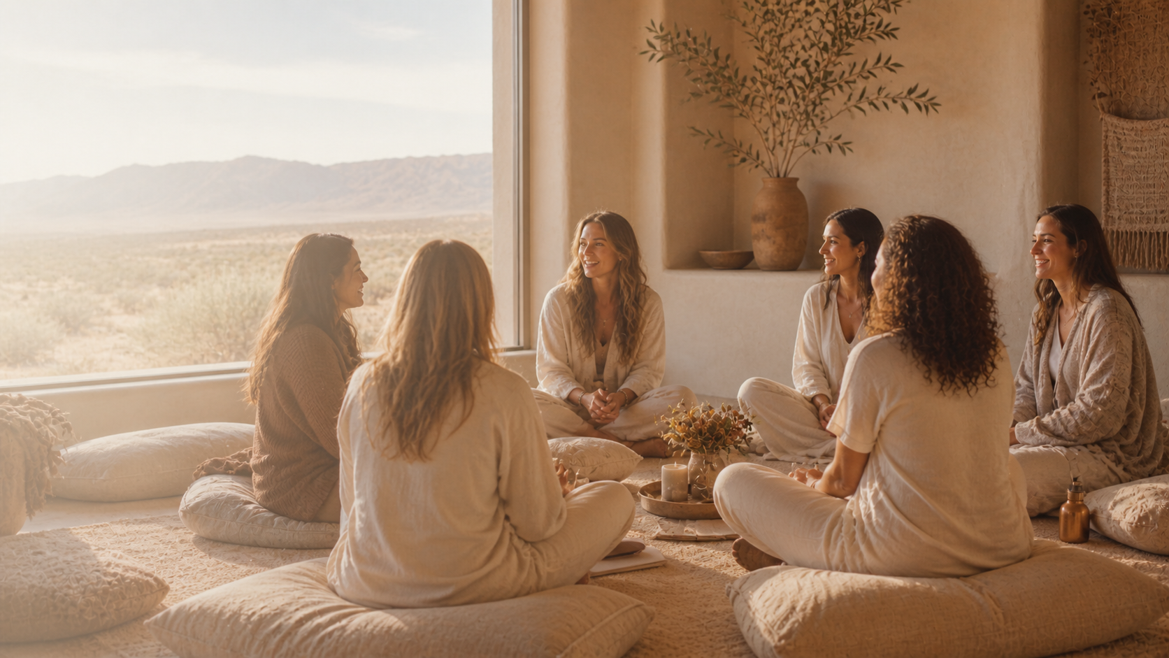 Six women sitting cross-legged on cushions, engaging in a conversation in a sunlit room with a large window overlooking a desert landscape, decorated with vases and wall art.