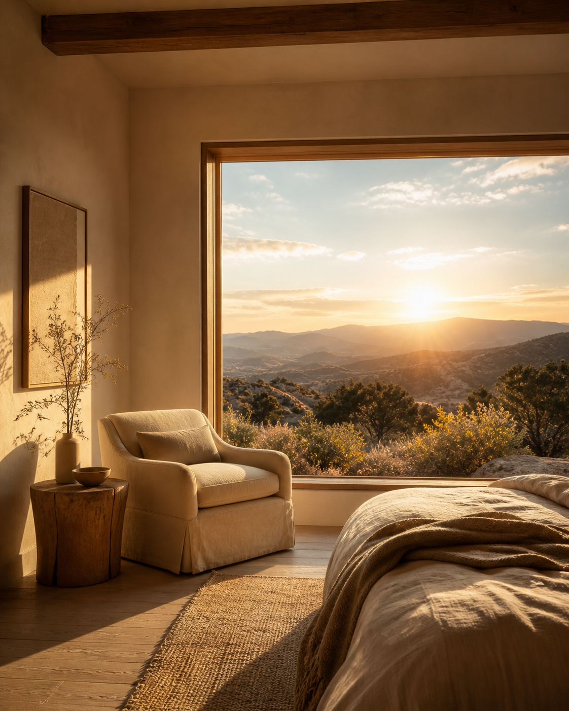A bedroom with a large window showing a sunset over mountains and trees, a beige armchair with a pillow, a side table with a vase and plant, and a bed with a blanket.