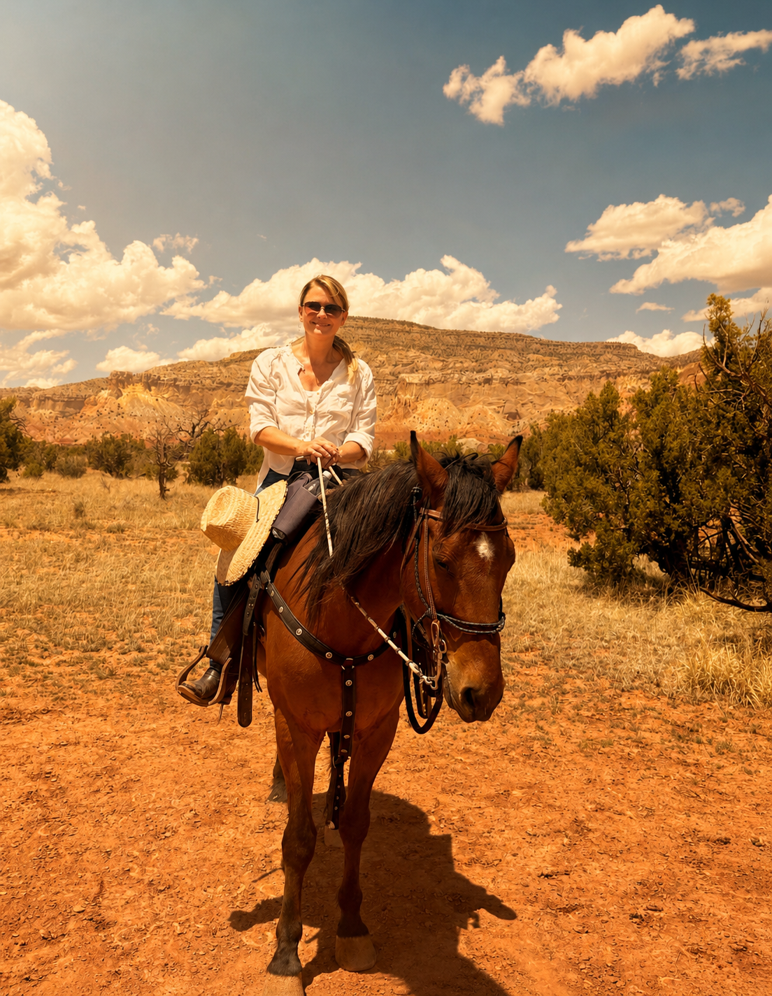 A woman riding a horse in a desert landscape with red rocks and sparse bushes, under a partly cloudy sky.