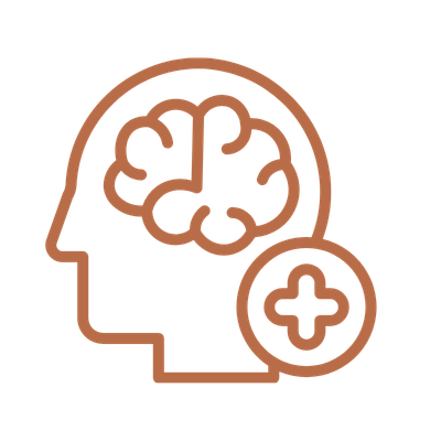 Line drawing of a person's head with a brain inside and a medical cross symbol in a circle.