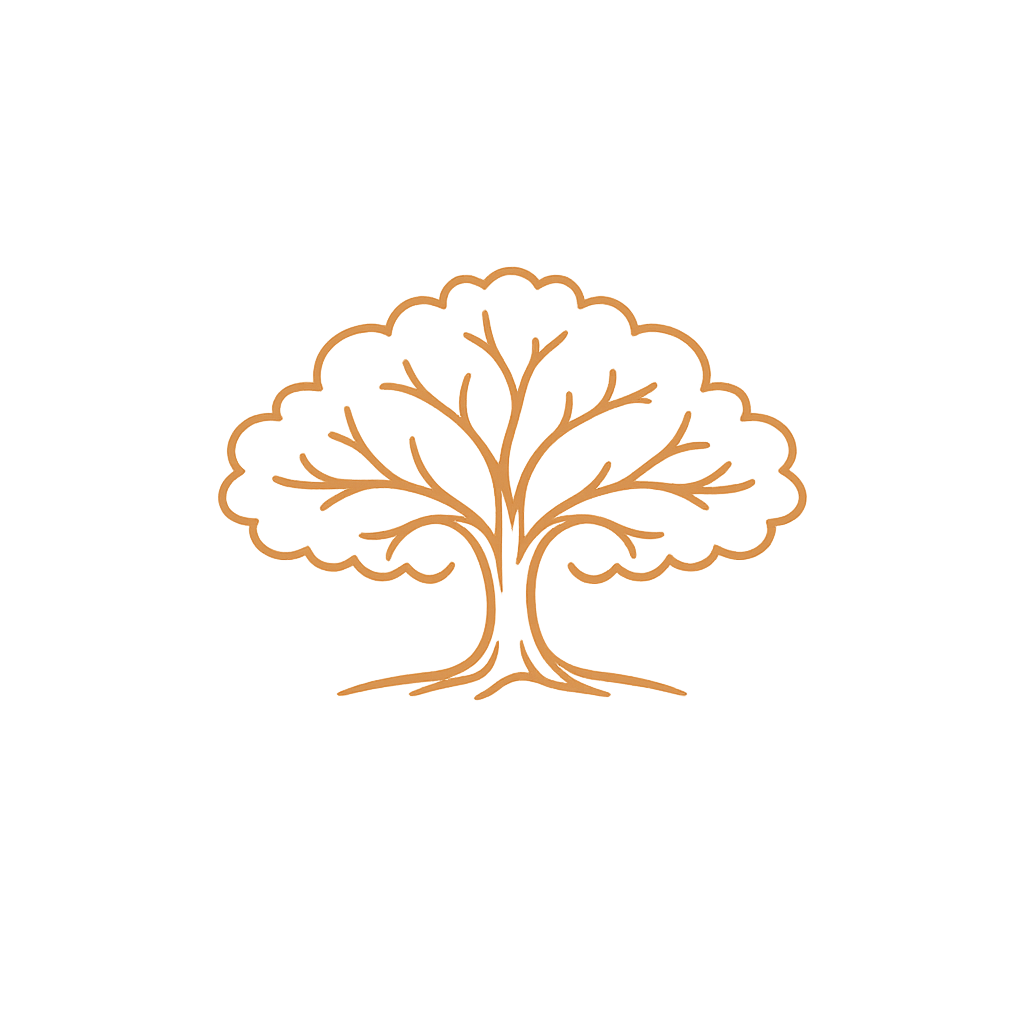 A stylized, minimalist drawing of a tree with copper-colored outlines on a black background.