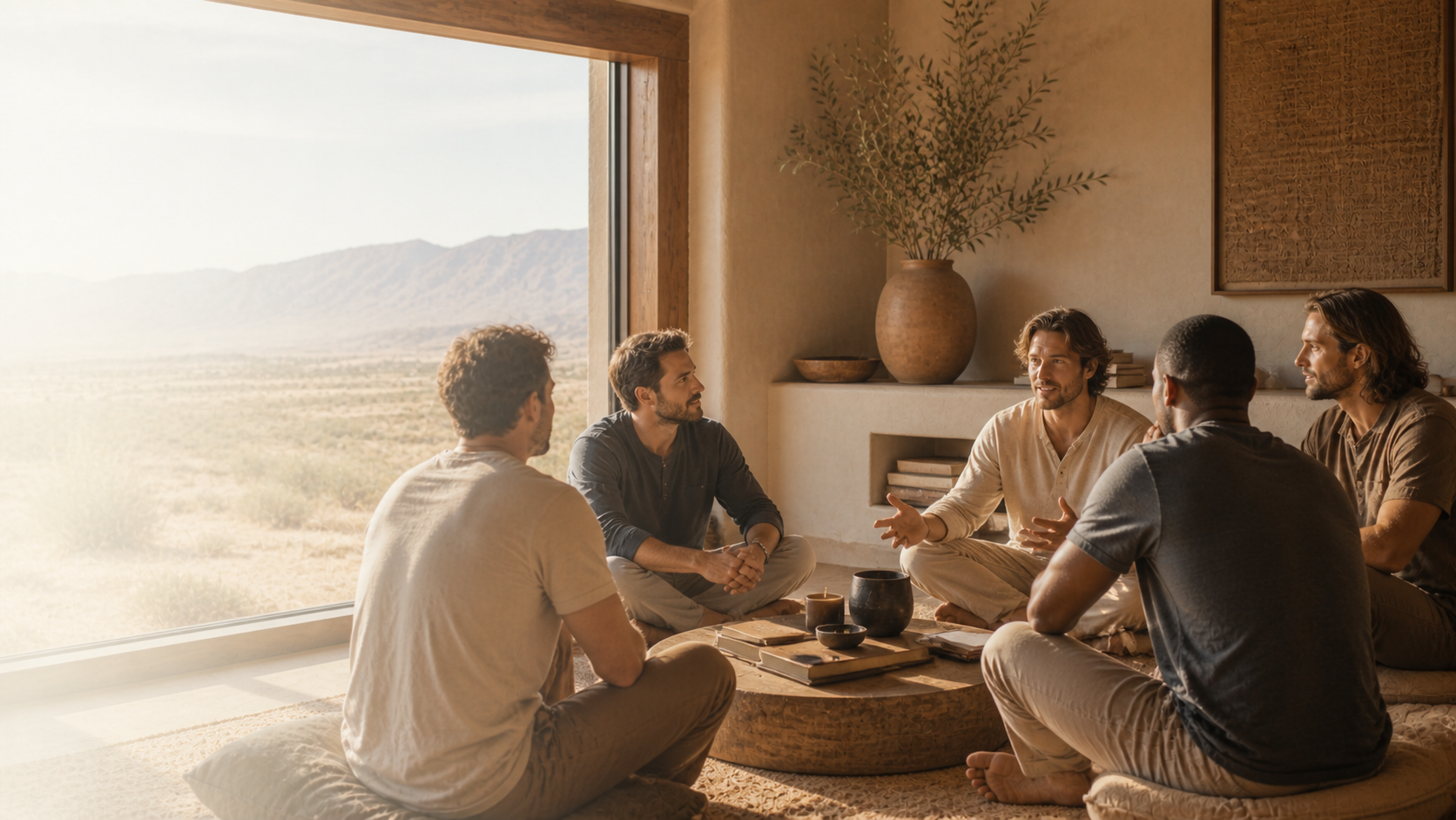 Five men sitting on floor in a circle inside a room with large window showing desert landscape, engaged in conversation.