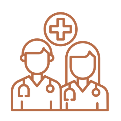 Line drawing of two healthcare professionals, a male and female, with a medical cross above them.