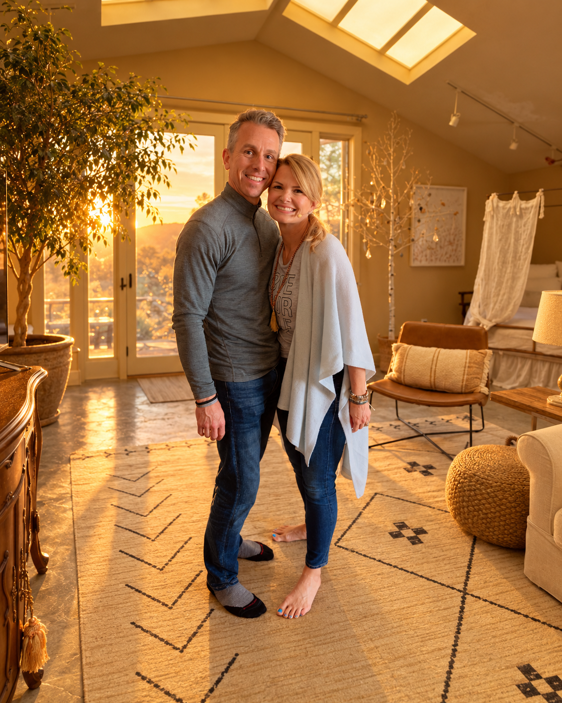 A couple standing in a living room holding each other smiling 
