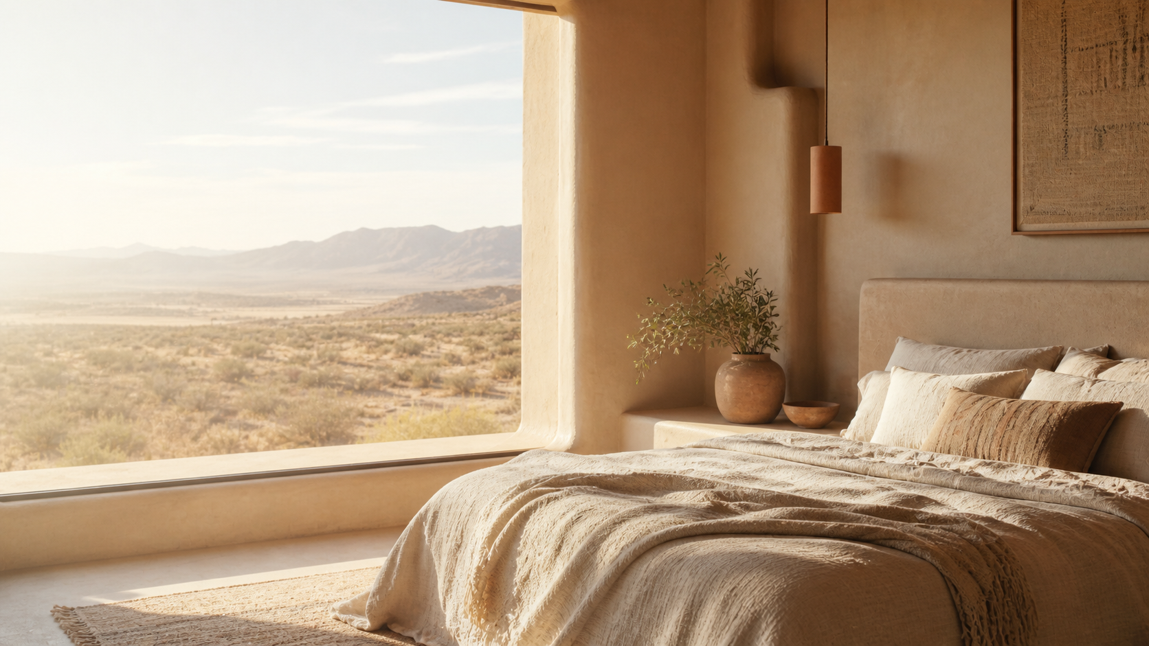 A cozy bedroom with beige tones and a large window overlooking a desert landscape and mountains, decorated with a bed, pillows, a potted plant, and wall art.