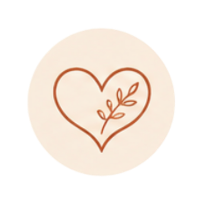 A white circular object with a simple brown outline of a heart and a small leaf branch inside the heart.