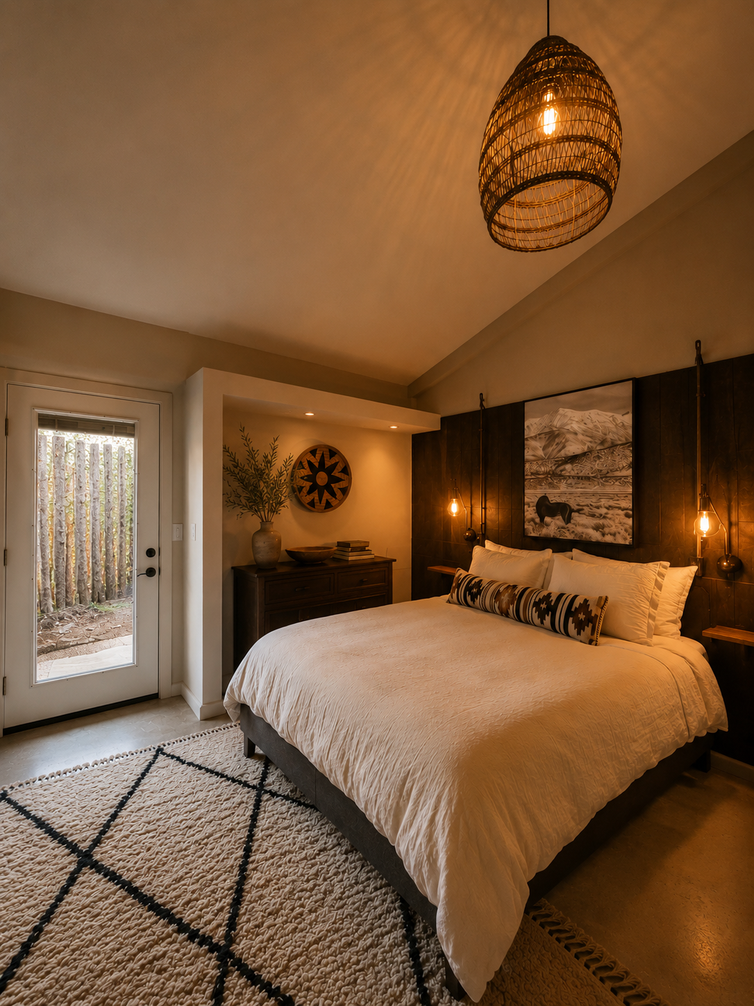 Bedroom with a bed, black headboard, white bedding, black and white decorative pillow, hanging pendant lights, artwork above headboard, and a glass door leading outside.