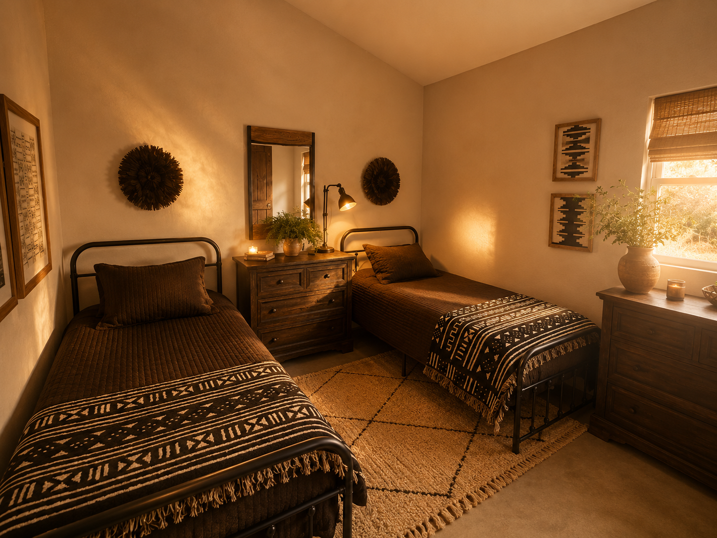 A bedroom with two black twin beds with tribal patterned black and white bedspreads, a black dresser, a black nightstand between the beds with a mirror above, a window with a plant and flowers on the windowsill, and wall decorations including framed artwork and circular wall hangings.