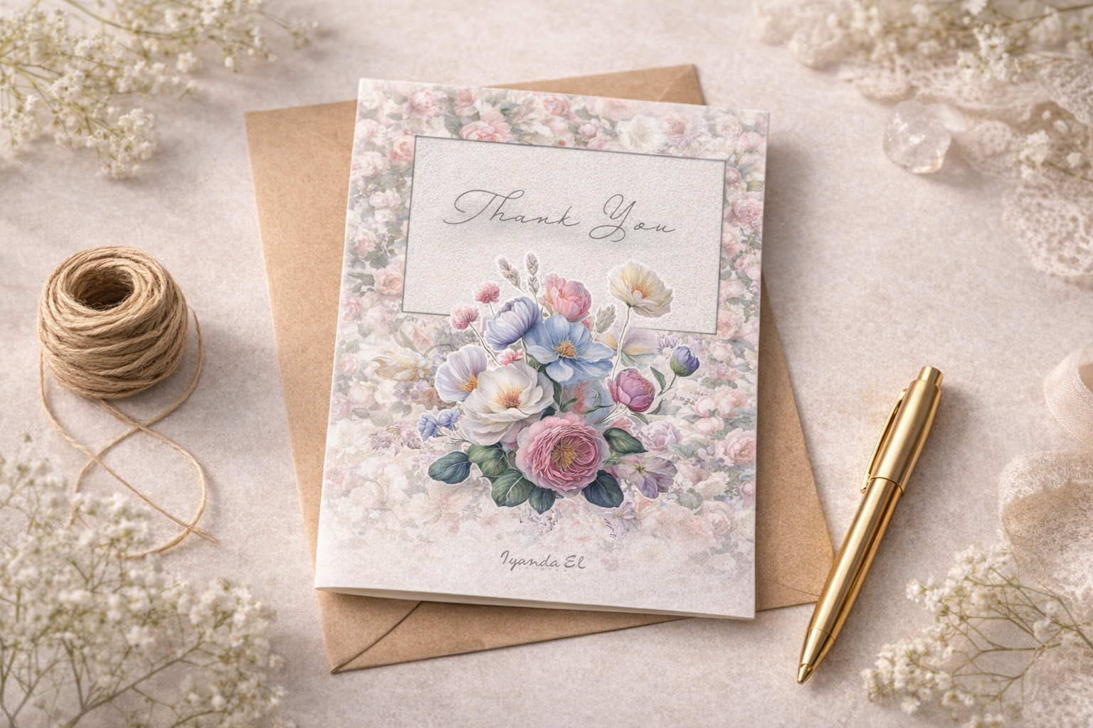 Elegant Thank You Card – Handmade Floral Greeting Card with Envelope
