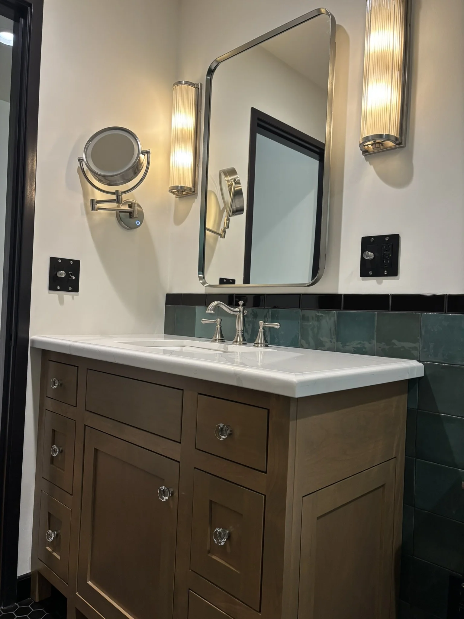 Bathroom Remodel in Templeton, CA. New bathroom tile floor and tile shower, custom bathroom vanity.