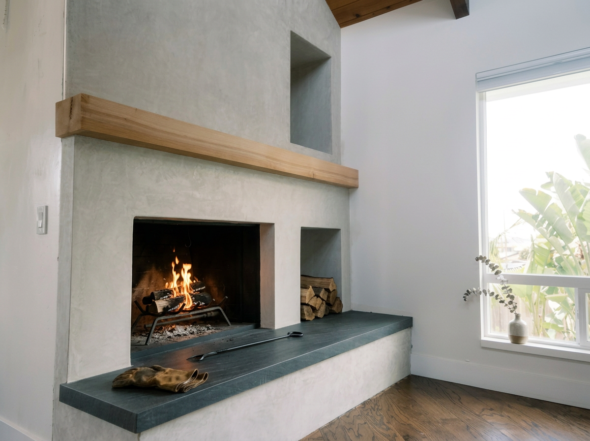 High-end custom fireplace remodel with custom built in mantel. Remodel project in Los Osos, Ca.
