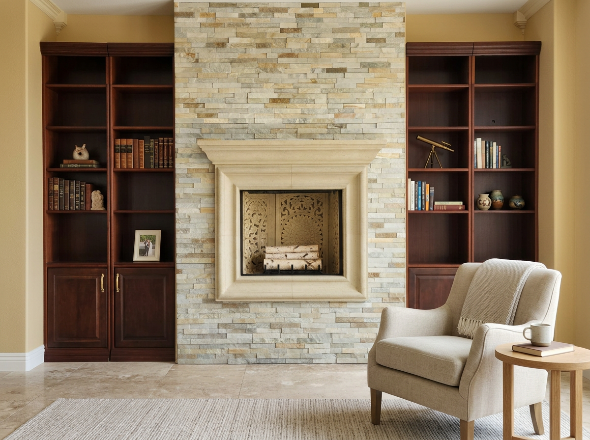 Living Room Remodel. Fireplace remodel including installation of gas fireplace, stone, and new mantel. Installation of custom built-in cabinets. Remodel project took place in San Luis Obispo, CA.