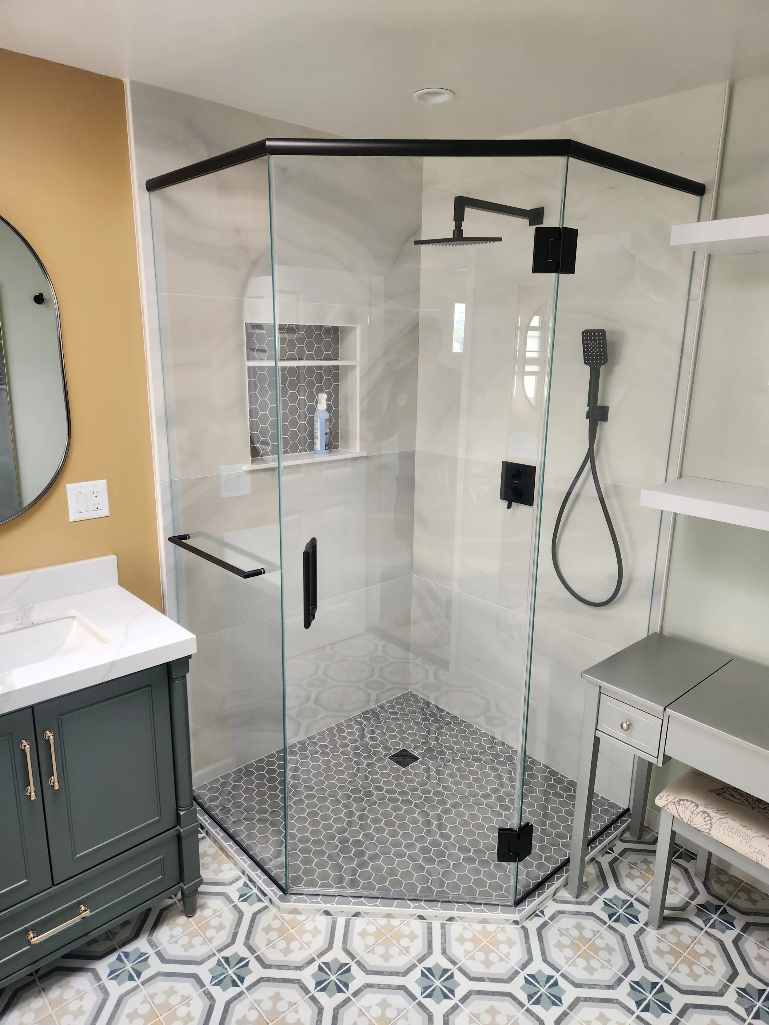 bathroom remodel new tiled in shower with glass doors in San Luis Obispo county