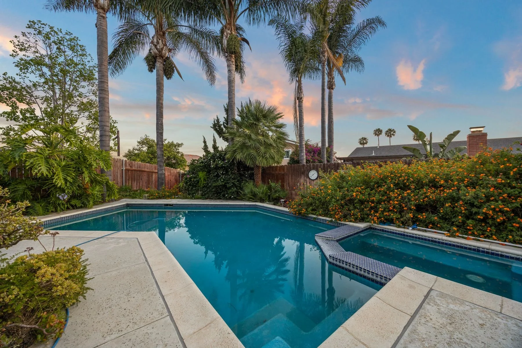 Backyard with a swimming pool, surrounded by green plants, trees, and flowering bushes under a partly cloudy sky at sunset.