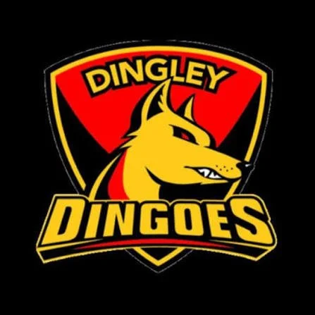 Black square background with a red and black shield icon with a yellow dingo in profile showing its teeth
