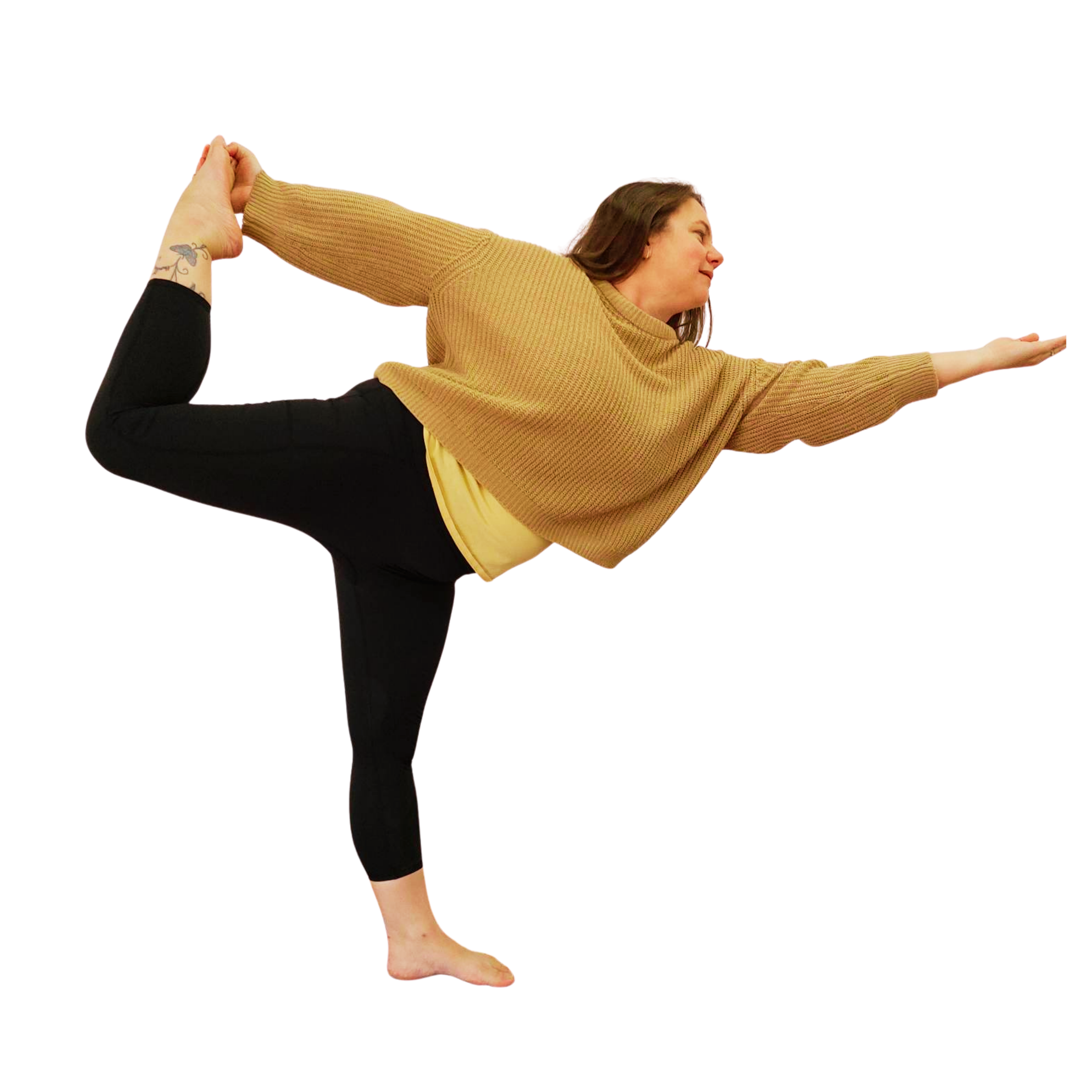 Woman wearing a loose jumper and black leggings in a yoga pose standing on one leg and tilting forward, arm outstretched