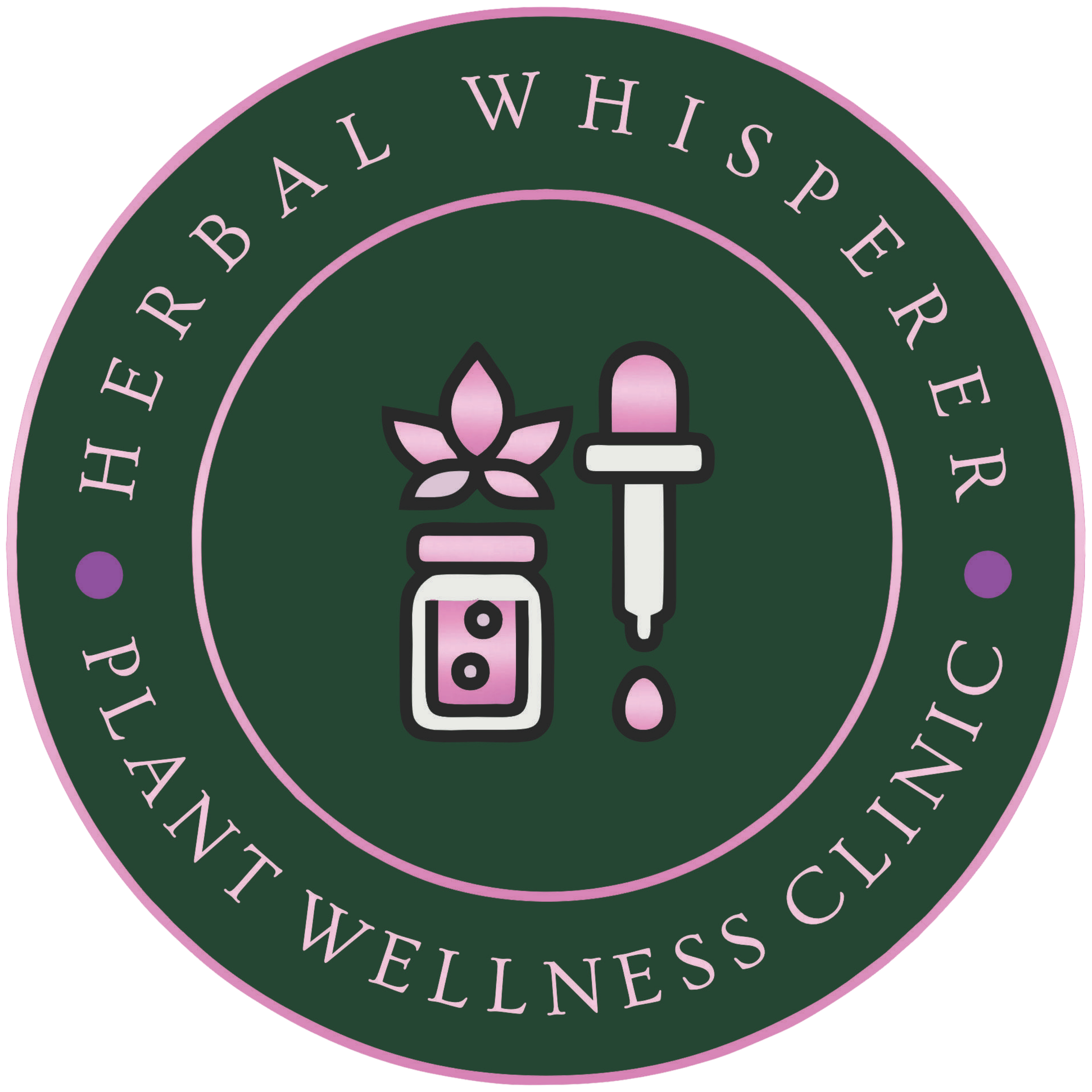 Dark green circle with pink border and images of a flower, jar and oil dropper in white and pink in the center surrounded by the words Herbal Whisperer above and Plant Wellness Clinic below