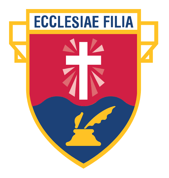 College crest with red upper half with a white Christian corss and navy lover half with a gold quill and ink pot