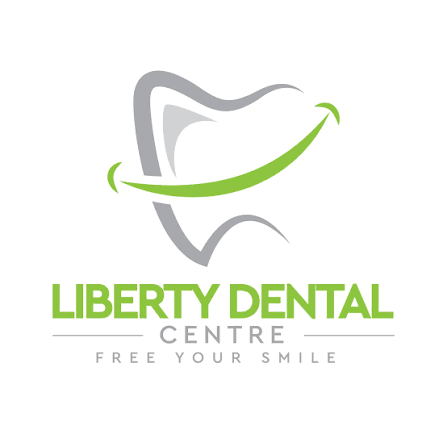 Grey stylised tooth with a green smile through the middle and text underneath in green and grey