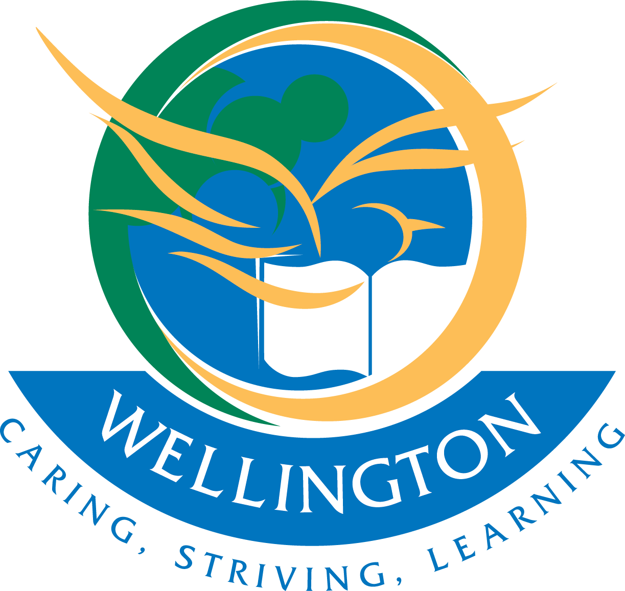 School logo of a gold vanellus bird inside a blue circle ringed in gold and green