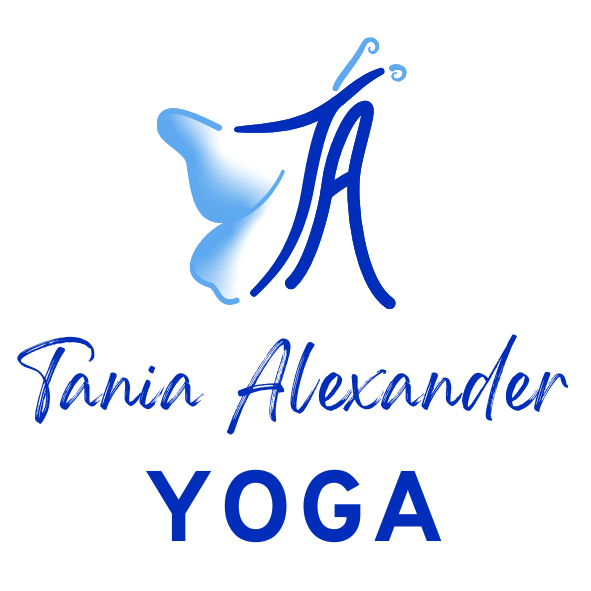 Blue letters T and A stylized to look like a butterfly in profile with the words Tania Alexander in script font and YOGA in block font centered underneath