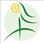 Pale green circle with green lines that look like a child with long hair in profile with a yellow swirl for the head