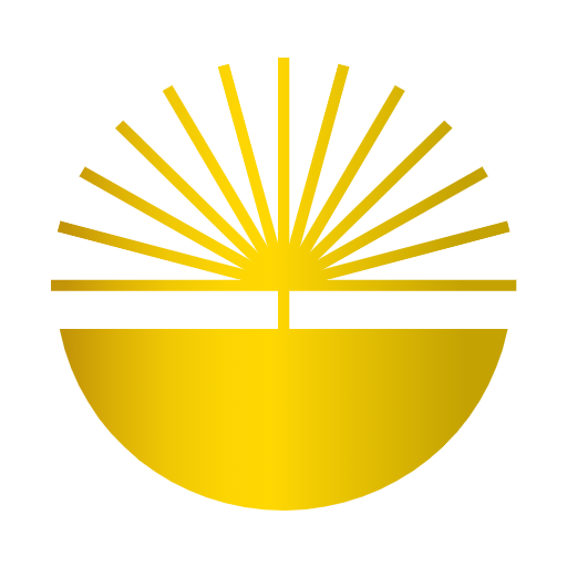 Gold circular logo with the top hemisphere stylised to look like a rising sun with outspread rays of light