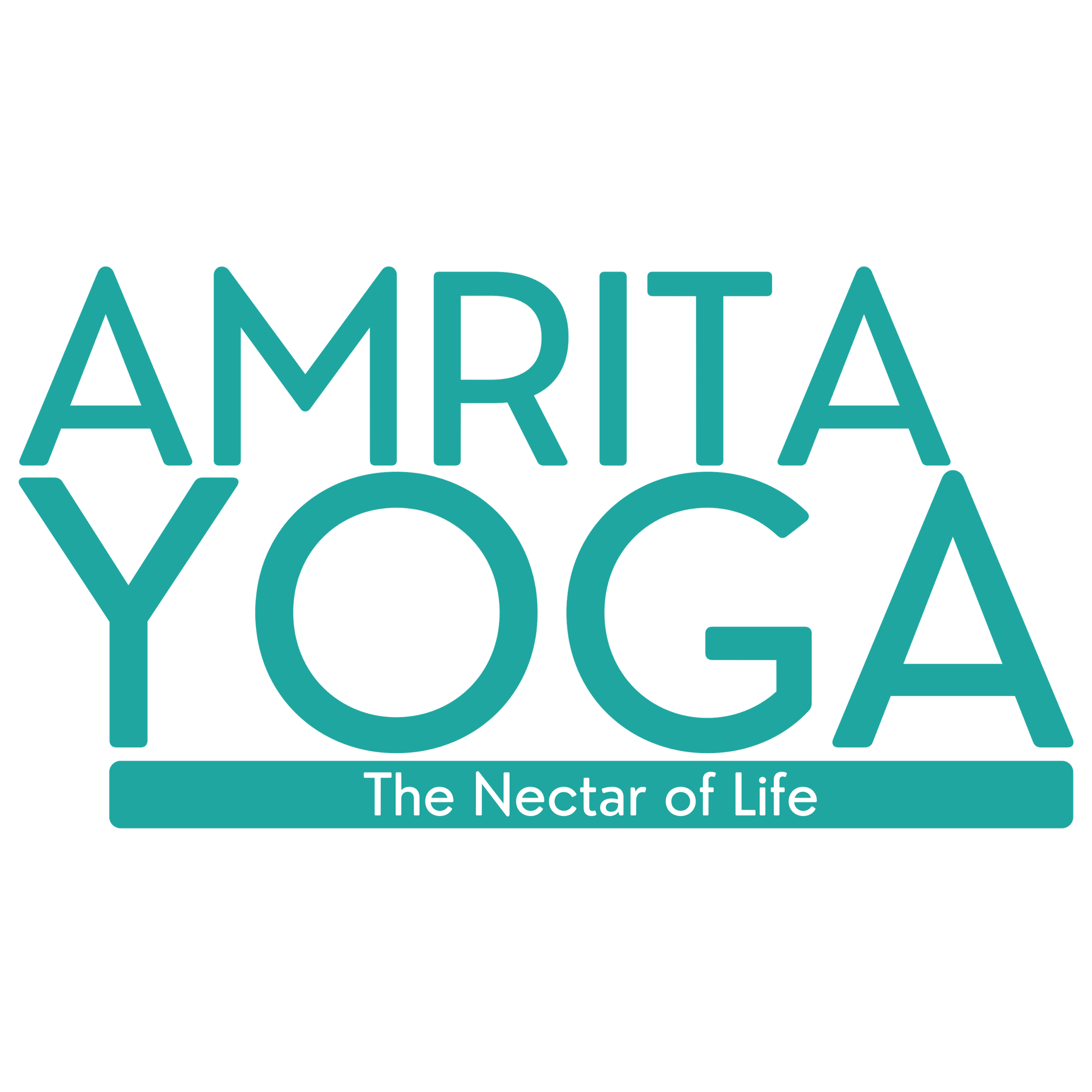 Teal words Amrita Yoga stacked on top of one another with the last As in alignment and the words The Nectar of Life in white underneath with a teal background