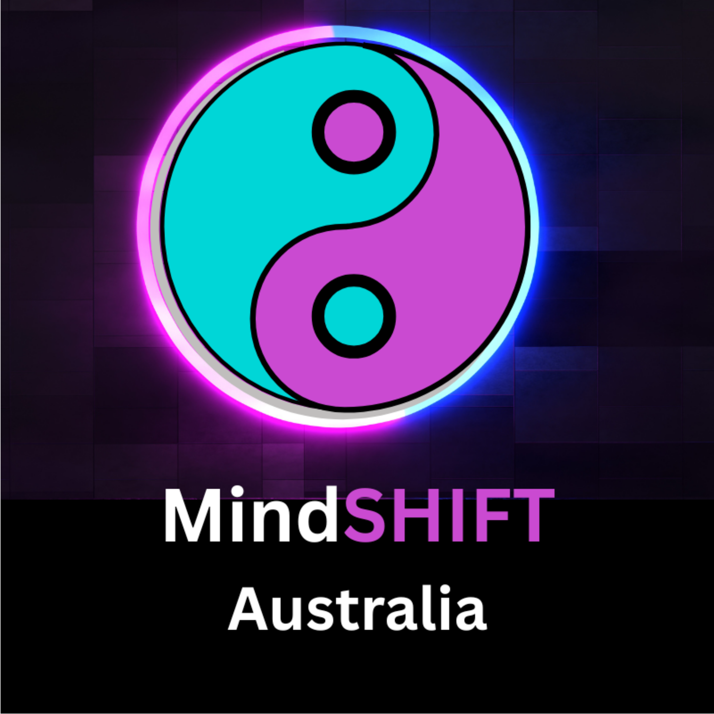 Purple and teal yin yang symbol surrounded with a glowing ring on a black background with the words MindSHIFT Australia centered underneath