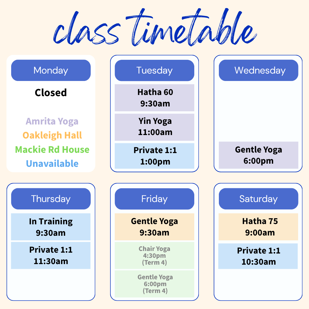Yoga class schedule on a cream background with yoga classes shown in different colours on Tuesday, Wednesday, Thursday, Friday, Saturday