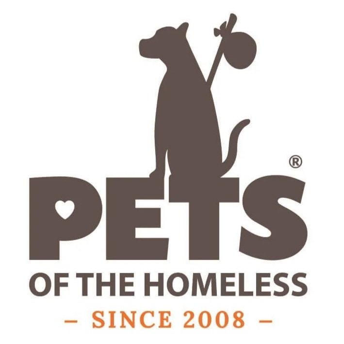 Icon of a mid sized dog with a bundle tied to a stick above the word PETS and below that Of The Homeless