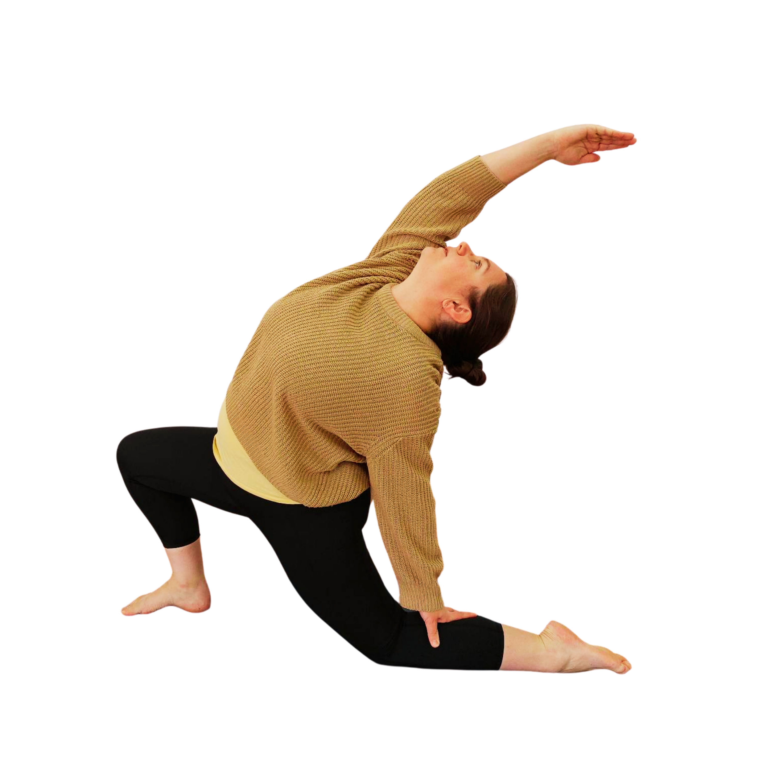 Woman wearing a loose jumper and black leggings in a yoga pose kneeling on one leg and lunging forward with one arm raised overhead, back arched