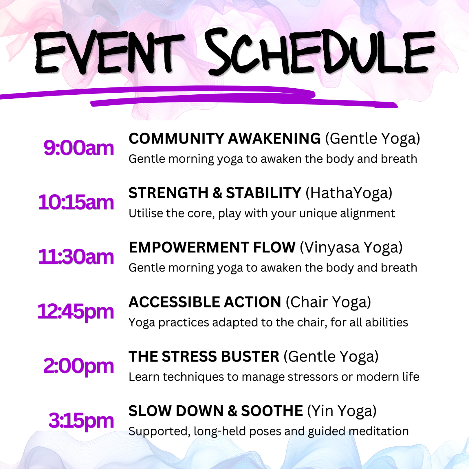 Square event schedule in black and purple with six yoga sessions at different times across the whole day and descriptions of each yoga class
