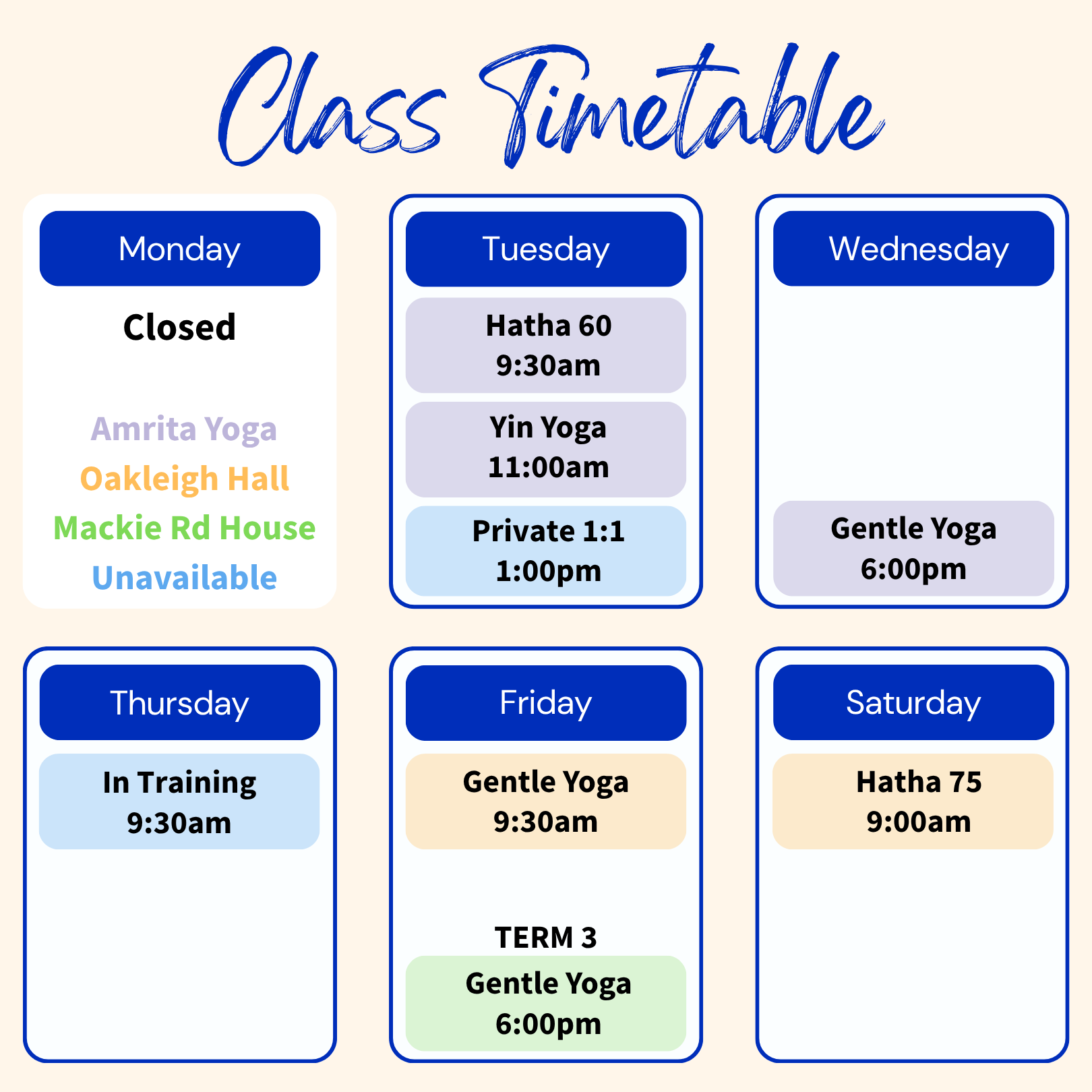 Yoga Class Timetable Monday to Saturday with Different Class Times in Different Colours According to the Location