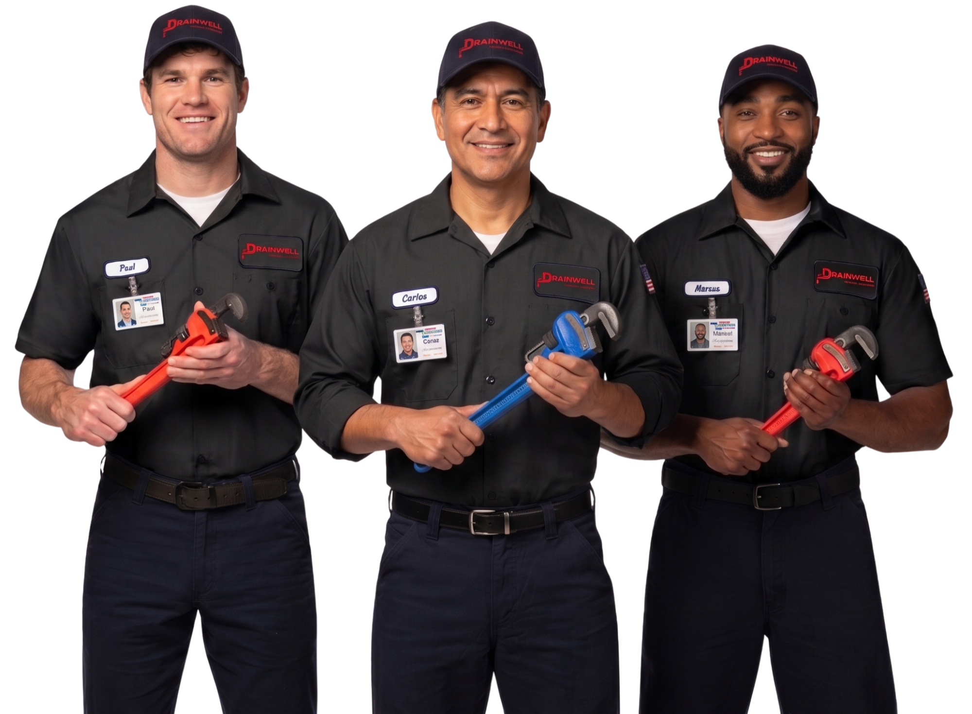 Three male workers in black uniforms and caps labeled 'Drainwell' holding pipe wrenches, standing side by side and smiling.