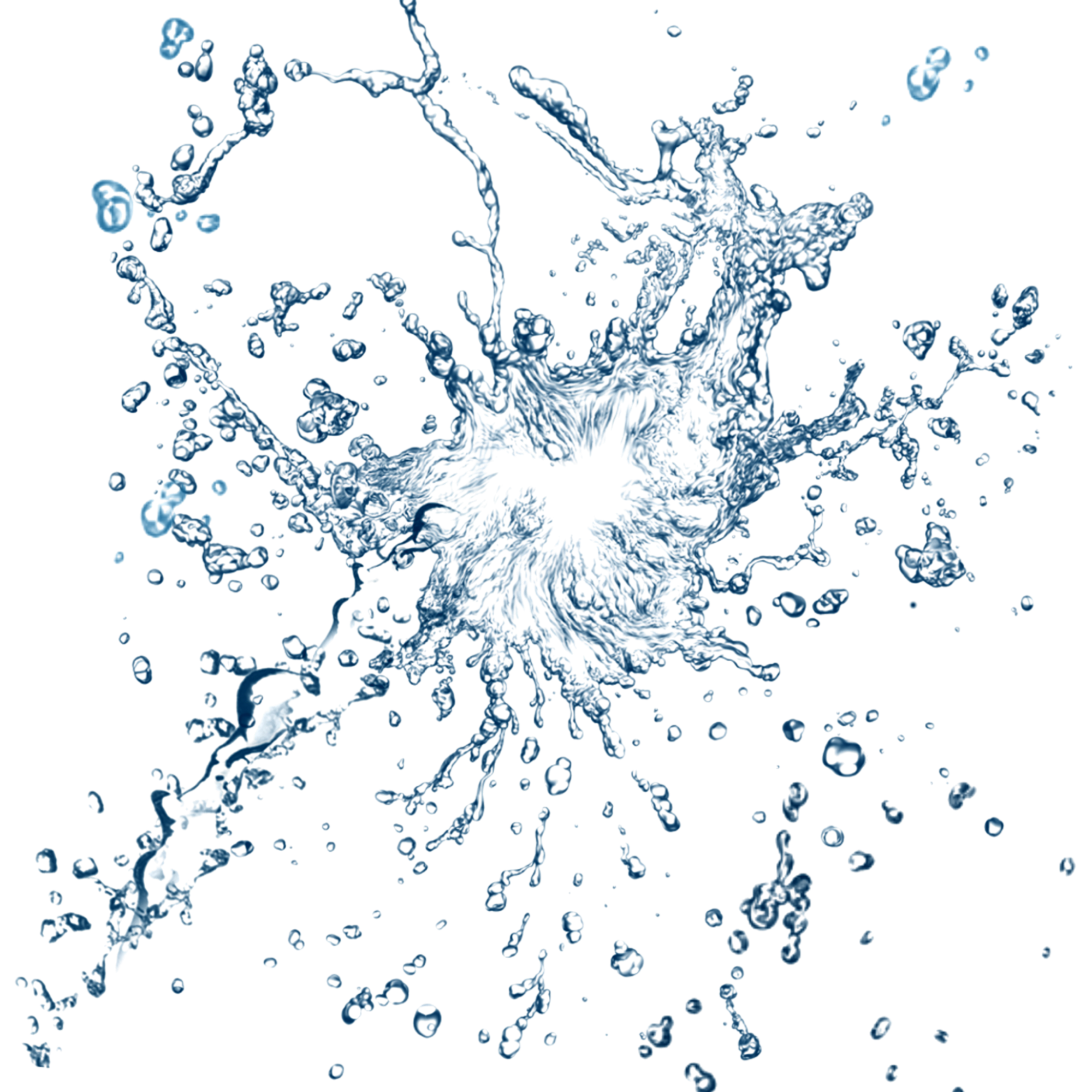 Splashing water with droplets and waves against a black background.