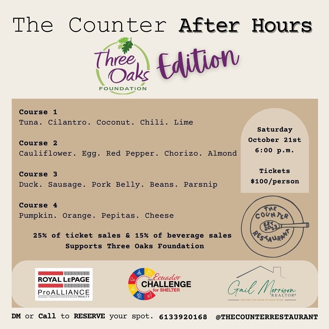 The Counter After Hours 
This one is extra special. We are teaming up with @gmorrisonrlp to raise money for  @3oaksfoundation through @rlpshelterfdn 
Three Oaks has Provided Emergency Shelter and services to abused women and their children in Hasting