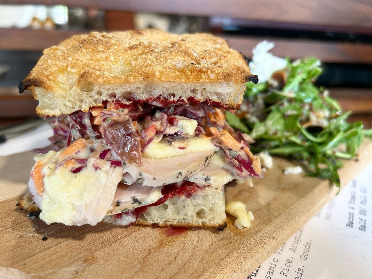 &ldquo;You&rsquo;re gunna need a bath after that one&rdquo;- Braden, owner 
( said As he demos pictured sandwich between washing his hands at the sink)

The holiday shower Sammy. 
Herbed turkey breast served warm with whipped Brie  on house focaccia 